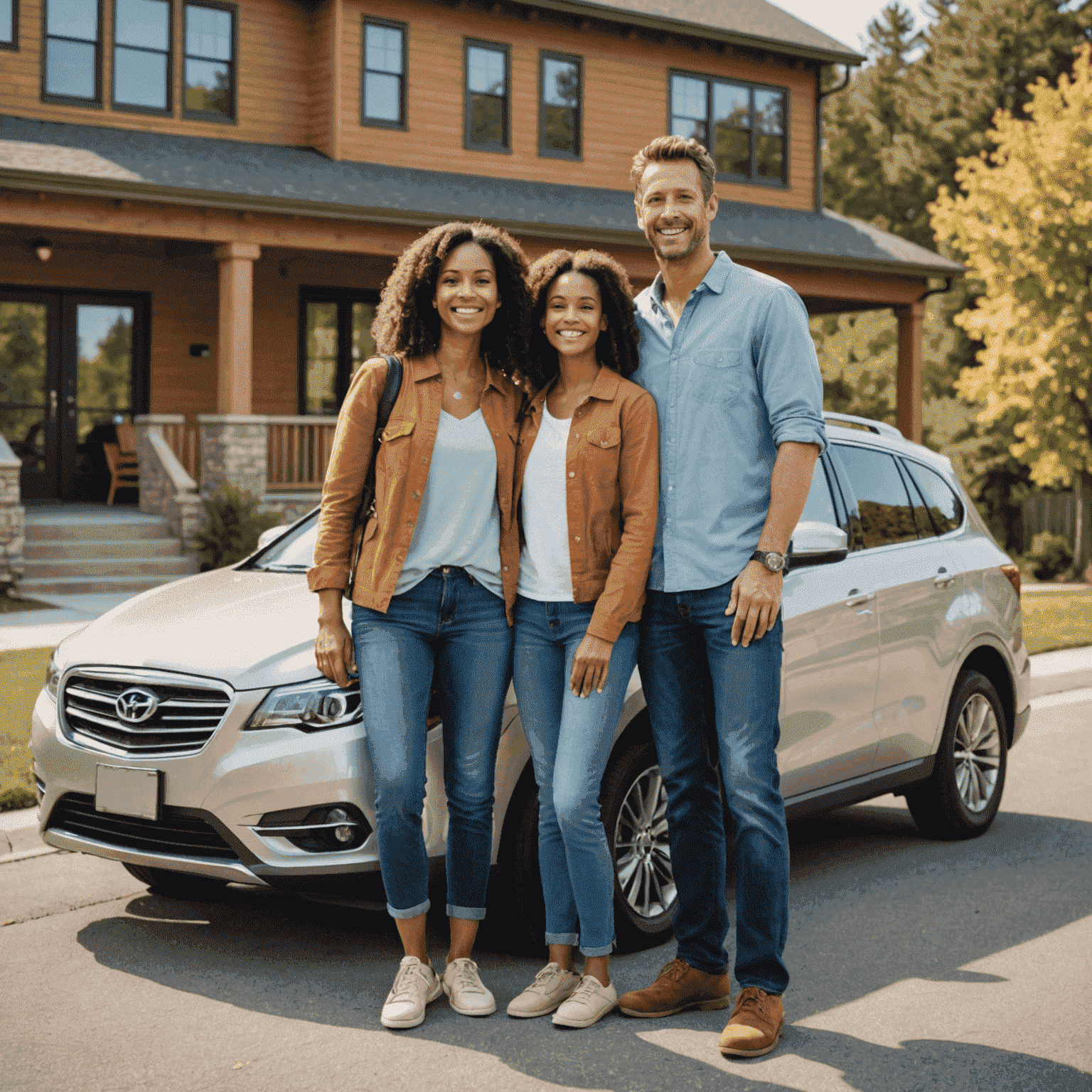 A family standing in front of a rental car, smiling and ready for their road trip adventure