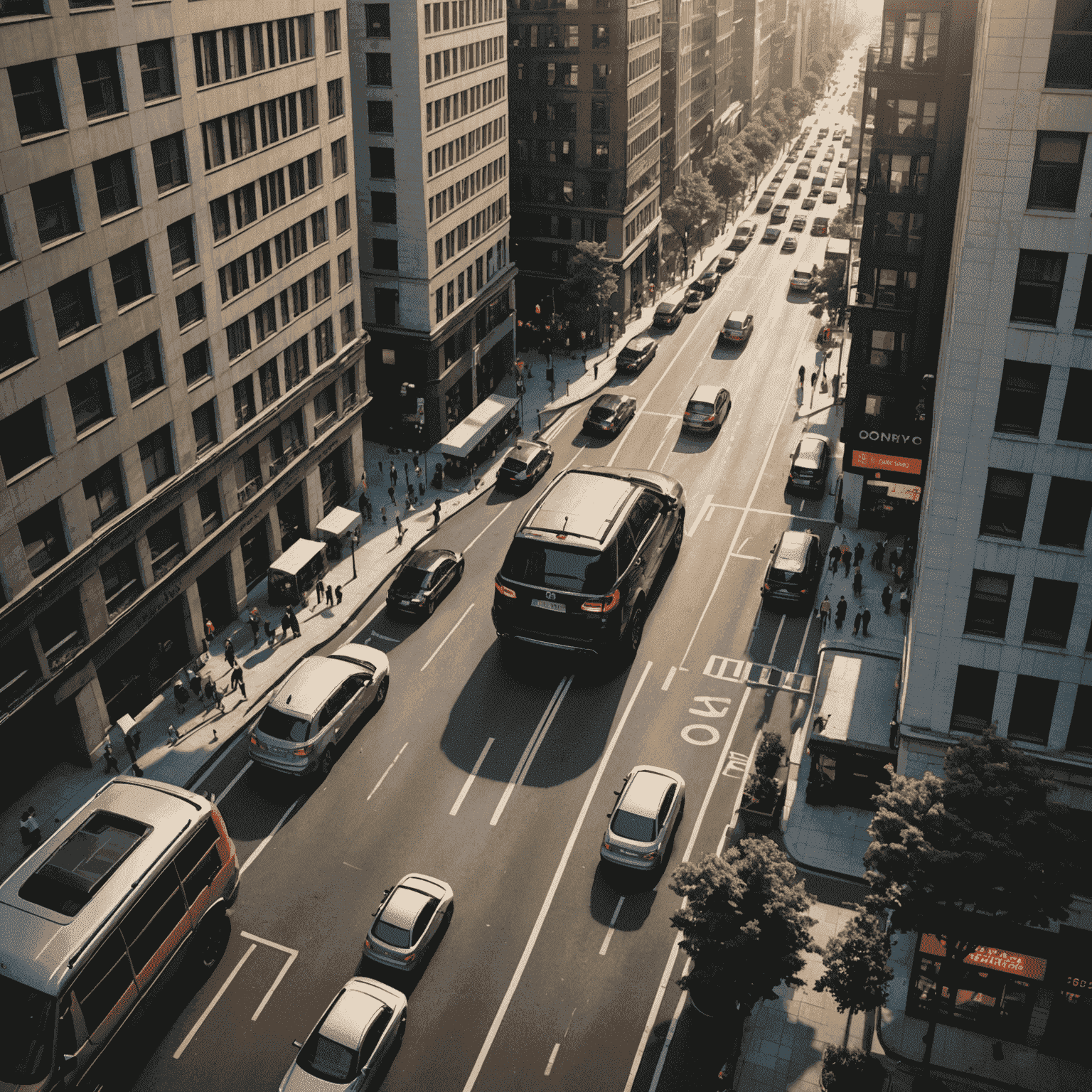 Overhead view of a car navigating through a busy city street with tall buildings