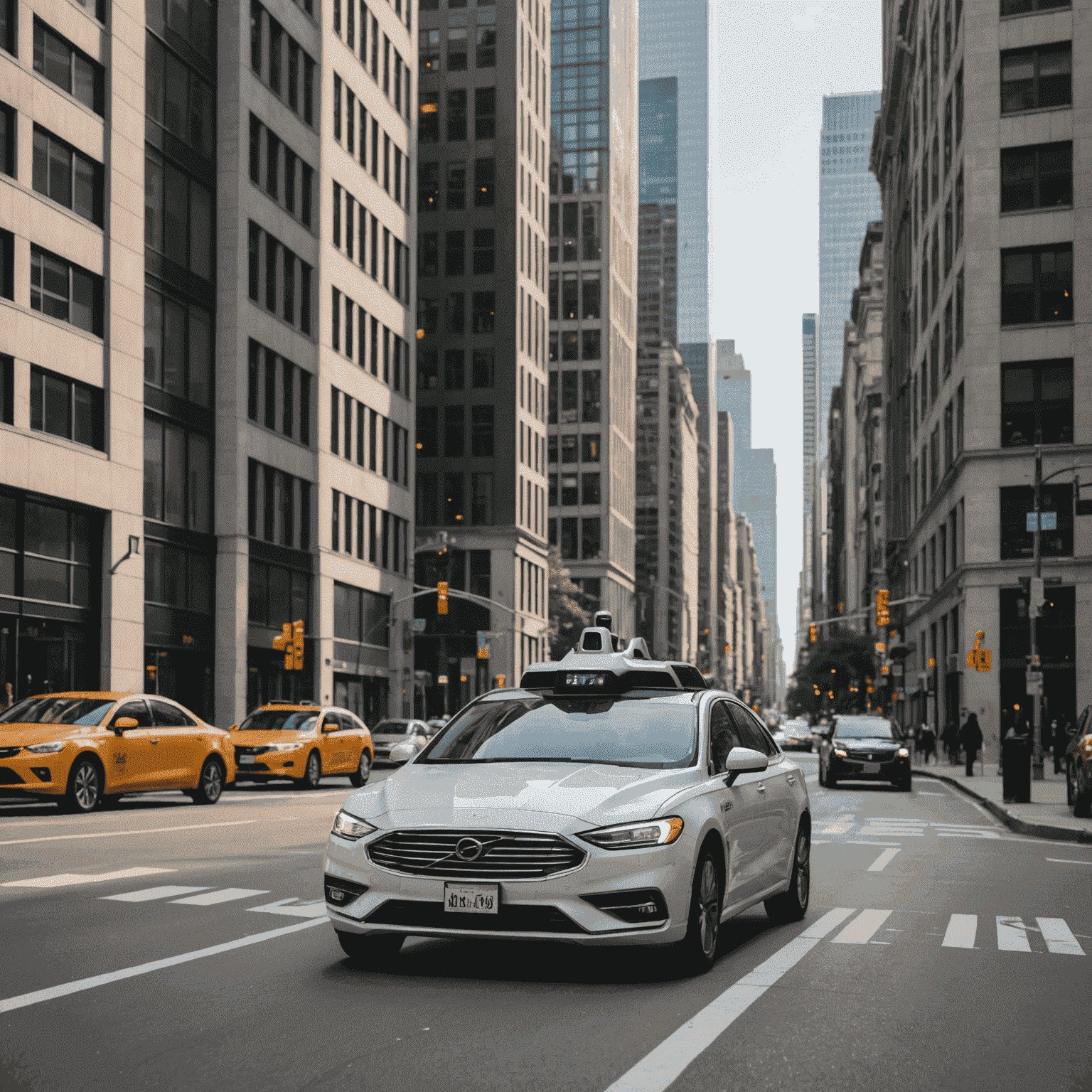 A ride-sharing car, like Uber or Lyft, driving through a busy city street with tall buildings in the background