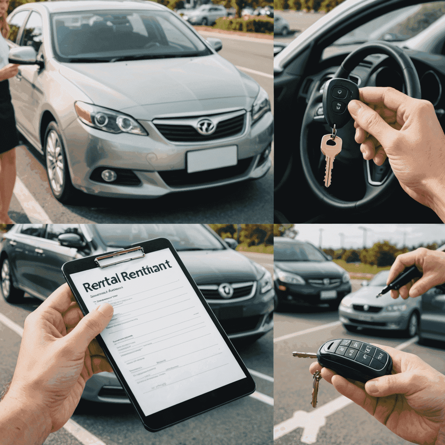 A collage of various car rental related images, including a person signing a rental agreement, a close-up of car keys, and a car on the road.