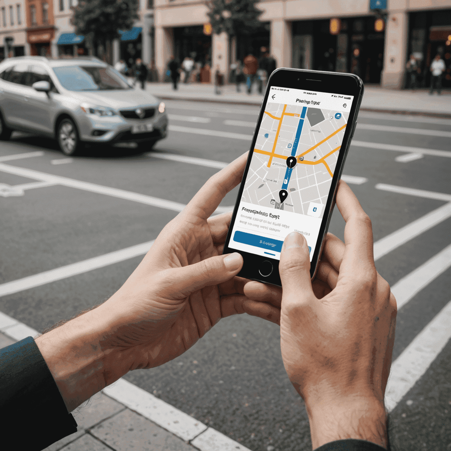 A person using a smartphone parking app to find and reserve a parking spot in a city